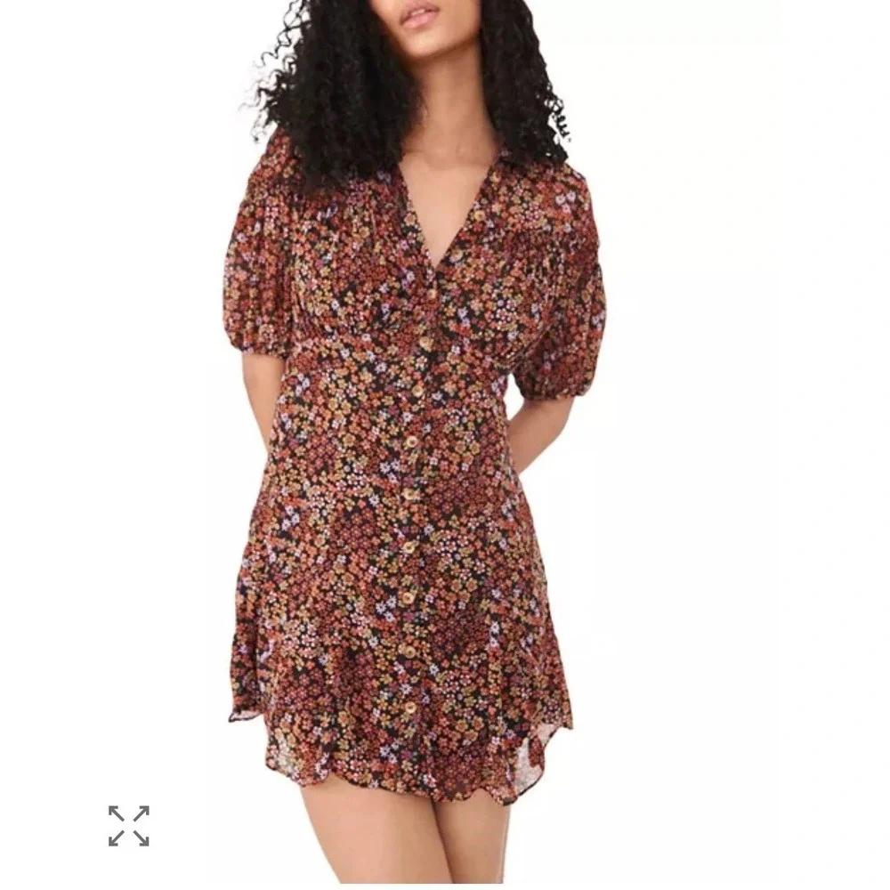 Free People Floral Mini Dress Button Front Puff Sleeve Ditsy Print Brown Multi